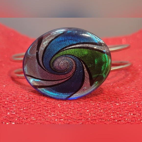 Dichroic Art Glass Hinged Cuff Bracelet Silver Tone Blue/Green/Black Swirl - Picture 1 of 10